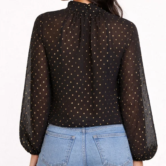 Trina Turk Quiet Luxury Sheer Ballon Sleeve Black Blouse W/Gold Accents M - Picture 13 of 14